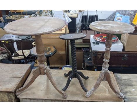 Two 19th century pine occasional tables on splayed legs, together with a mahogany table with a barley twist column. A Victori