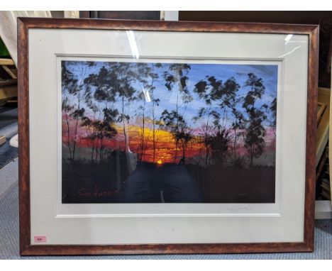 A Rolf Harris limited edition print 142/295 titled New Dawn depicting a sunrise/sunset through exotic trees, signed, 97cm x 7