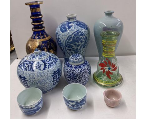 A mixed lot of 20th century Oriental ceramics, and glassware to include a glass vase with a painted poppy design, a dark blue