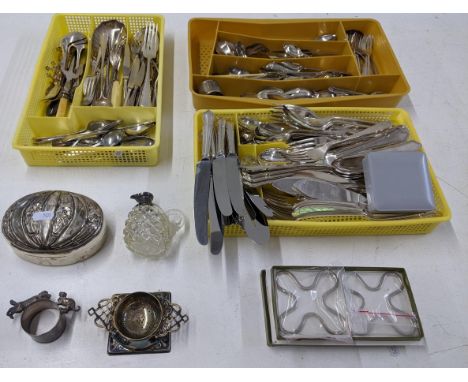 Silver coloured items to include a hallmarked silver collared decanter, three trays of various flatware, a silver coloured ti