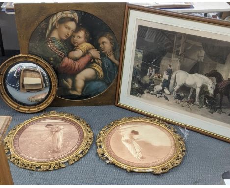 Victorian framed and glazed prints to include an etching depicting a lady and gentleman in a barn with various animals, toget