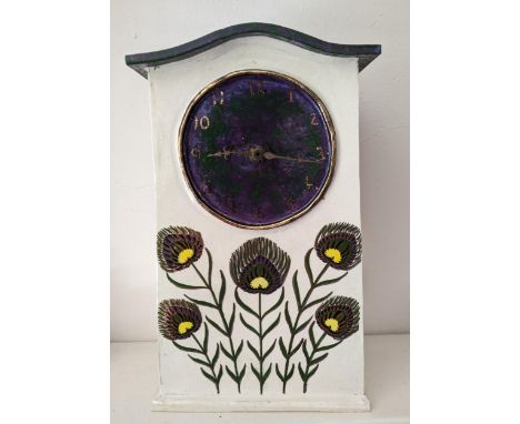 Nina Deschamps - a French studio pottery mantel clock, purple and mottled green dial with gilt painted Arabic numerals, five 