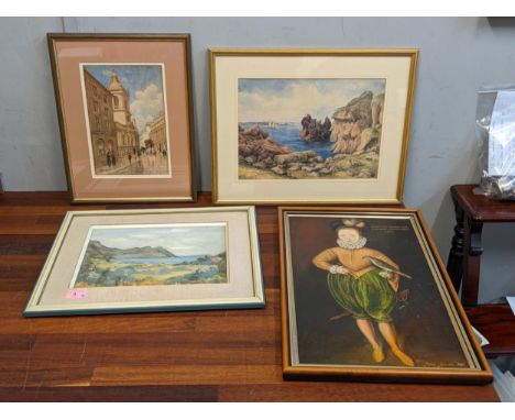 Four pictures to include three watercolours , one of St Peter Le Poor - Old Broad Street E.C. dated 1907 unsigned, a watercol