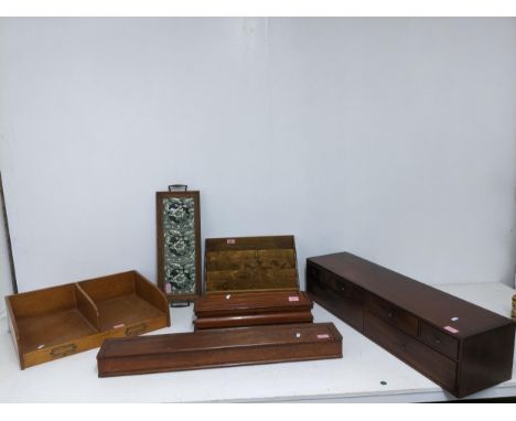 A group of desktop and other wooden items to include a mahogany bank of six drawers with inset brass handles 9cm x 86.5cm x 2