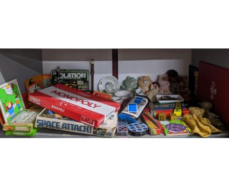 A mixed lot of children's board games and others, soft toys, Wedgwood Peter Rabbit child's table china, and others, to includ