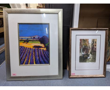 An abstract oil on board landscape depicting lavender fields with hills in the background signed indistinctly, 55.5cm x 70cm,