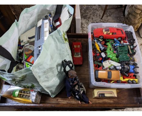 A mixed lot of toys to include various diecast vehicles, bag of Lego, a Mattel inc figurine, c1998 and other itemsLocation:If