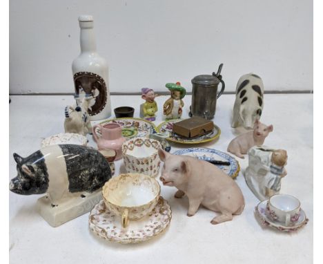 Collectables to include a miniature Meissen cup and saucer, a pewter drinking flask, a Portmeirion pottery Idols of the Stage