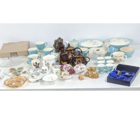 Mixed ceramics and glassware to include Wedgwood trinkets, a part tea service, a stoneware glaze tea pot and others, a Swarov