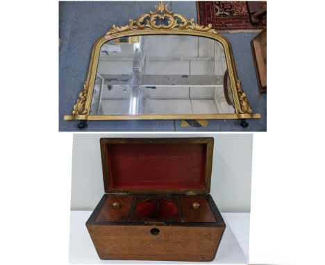 A late 19th century gilt overmantel mirror measuring approximately 102cm x 87cm, and a tea caddy with two compartments, no ke