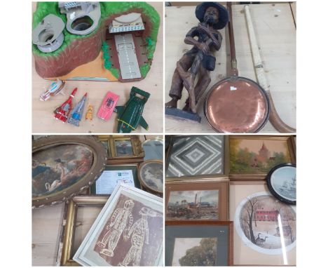 A large mixed lot to include pictures, mirrors, a Thunderbirds Tracey Island, a 1920's wooden hockey stick, a copper warming 