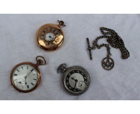 A 14ct yellow gold half hunter keyless wound pocket watch the enamel dial with Roman numerals and a seconds subsidiary dial t