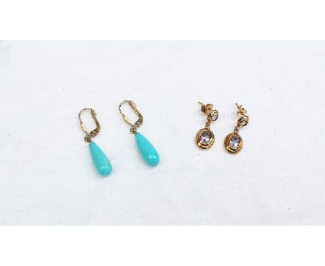 A pair of 9ct yellow gold turquoise set drop earrings together with a pair of amethyst set earrings