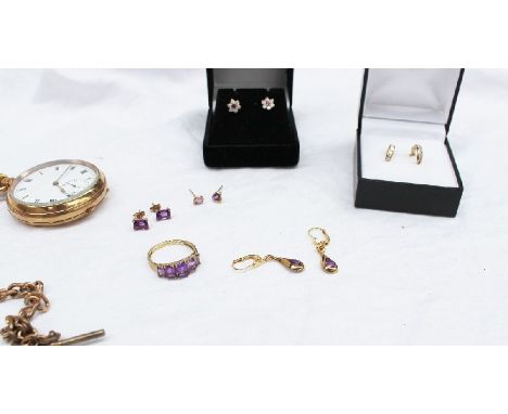 A 9ct yellow gold amethyst set dress ring, together with amethyst set earrings, other earrings, a gold plated open faced pock