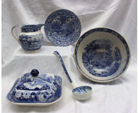 A blue and white pottery tureen and cover possibly by Swansea, "Cows Crossing Stream" pattern, together with a similarly deco