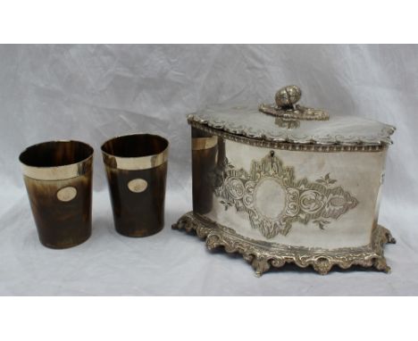 A pair of white metal mounted horn beakers, together with a large electroplated two division tea caddy