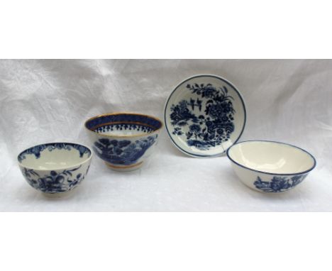 An 18th century Worcester tea bowl, decorated in the Mansfield pattern together with a Fence pattern saucer and two other blu