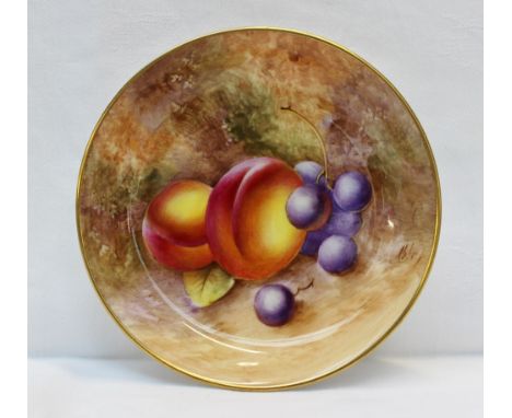 A Royal Worcester pin tray painted with peaches and black grapes to a naturalistic setting signed Roberts, black printed mark