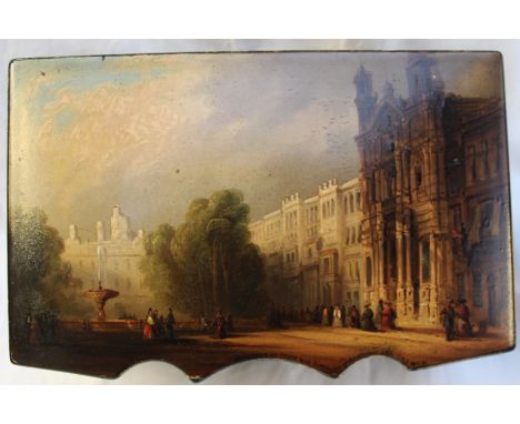 A papier mache two division tea caddy, painted to the top with a scene of the "Alameda at Cadiz and the convent of the virgin