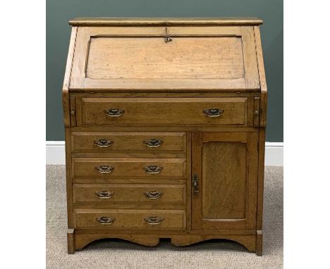VINTAGE OAK BUREAU, circa 1910, panelled sloped fall, Rexine interior writing surface, green painted interior arrangement of 