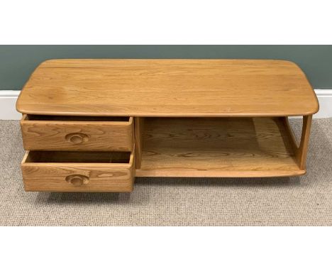 BELIEVED ERCOL "MINERVA" LIGHT ELM TV STAND, rectangular top, two base drawers and shelf on castors, 40 (h) x 125 (w) x 54cms