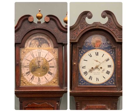 TWO ANTIQUE LONGCASE CLOCKS, Donisthorpe Hinkley signed arched dial, blue painted plate and gilt decoration, circular dial, R