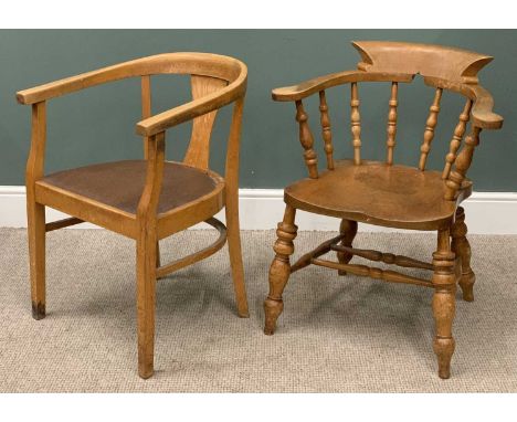 VINTAGE SMOKER'S BOW ARMCHAIR & ANOTHER the first with curved back, shaped crest rail, swept arms, spindle uprights, solid se