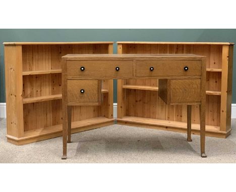 VINTAGE OAK KNEE-HOLE DESK & TWO MODERN PINE BOOKSHELVES, two long, two short drawers, ebonised knobs, square supports, 77 (h