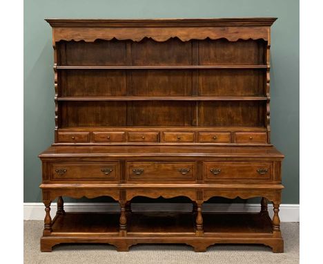 MODERN STAINED POTBOARD DRESSER, three shelf carved and boarded rack over six spice drawers, over three drawers, 192 (h) x 20