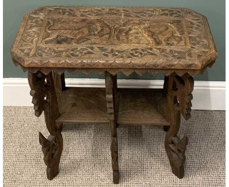 CARVED INDIAN HARDWOOD SIDE TABLE, rectangular top, cut off corners, leaf carved frieze, elephant and tiger carved central to