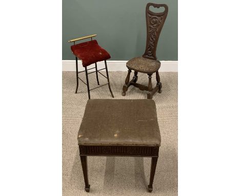 THREE ITEMS OF VINTAGE FURNITURE comprising carved oak spinning chair, 99 (h) x 36 (w) x 32cms (d), brass and metal framed st