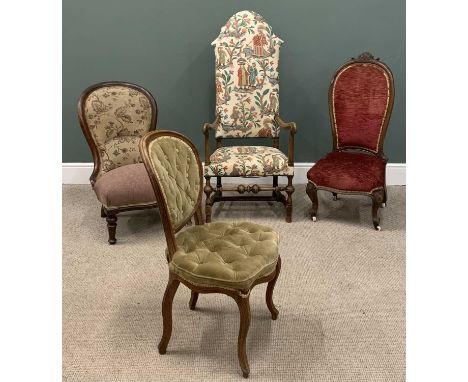 FOUR ANTIQUE VINTAGE CHAIRS including two spoon-back types, button seated and backed salon chair and a high back ceremonial s