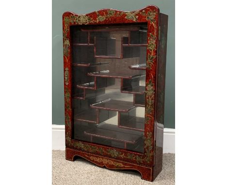 CHINESE RED LACQUERED DISPLAY CABINET, wall hanging or free standing, painted bird and floral detail, glazed single door, mir