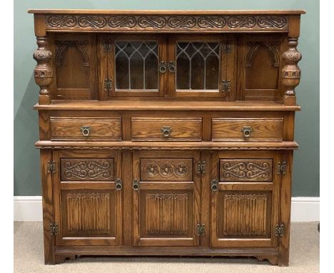 OLD CHARM OAK BUFFET SIDEBOARD, leaded glass, twin upper doors, arched detail panels, carved bulbous supports, three frieze d