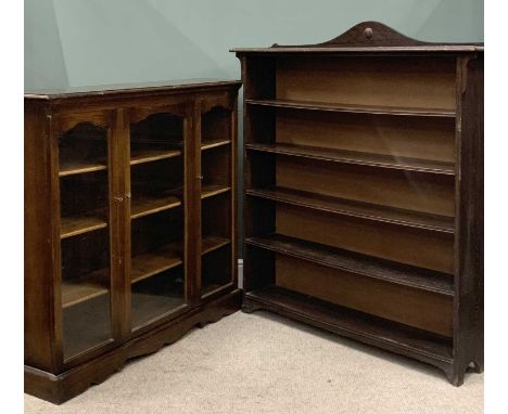 TWO VINTAGE OAK BOOKCASES the first with glazed triple door front, interior adjustable shelves, shaped plinth base, 119 (h) x