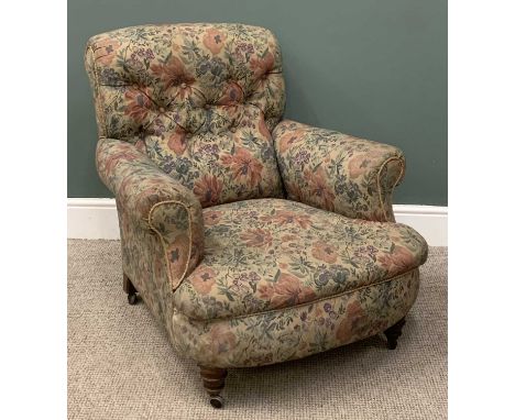 VINTAGE BUTTON BACK RE-UPHOLSTERED ARMCHAIR, fold-over arm detail, oversized seat, tapering turned front supports, modern cas