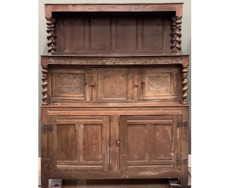 WILLIAM III OAK TRIDARN, AD-ID 1696 carved frieze, peg-joined construction, canopy top section, panelled back, half twist det