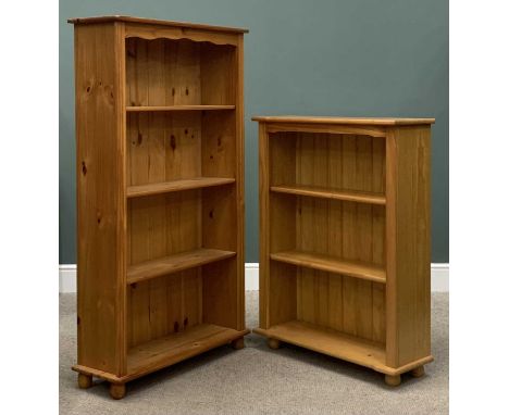 TWO MODERN PINE BOOKSHELVES with tongue and groove backs, both on bun feet, four shelf, 149.5 (h) x 84 (w) x 28cms (d), three