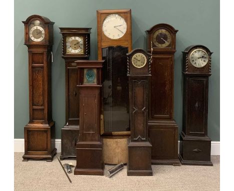SEVEN VINTAGE GRANDMOTHER CLOCKS, various styles, dials and movements, requiring restoration, 180 (h) x 50cms (w) the largest