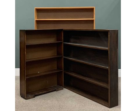 THREE OPEN BOOKSHELVES comprising modern pine with six shelves, 148.5 (h) x 117.5 (w) x 17cms (d), vintage pine, four shelves
