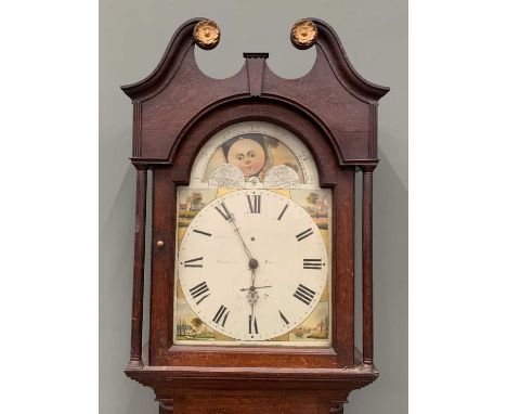 ANTIQUE MOON-PHASE DIAL LONGCASE CLOCK, indistinctly signed dial, arched painted moon phase wheel, Roman numerals, subsidiary