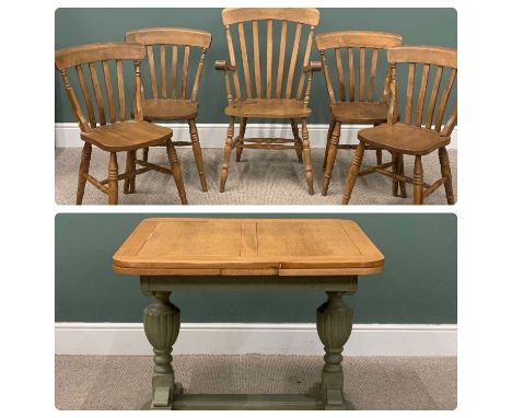 VINTAGE OAK DRAW LEAF DINING TABLE & FIVE (4+1) FARMHOUSE DINING CHAIRS, stripped back table top, rounded corners, painted ba