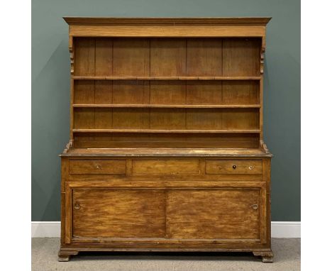 GEORGE IV & LATER SCUMBLED PINE DRESSER, circa 1820, wide boarded back three shelf rack, three frieze drawers, later lower sl