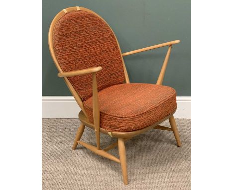 ERCOL BEECH HOOP &amp; SPINDLE BACK EASY CHAIR, with cushions, 83 (h) x 70 (w) x 48cms (d)