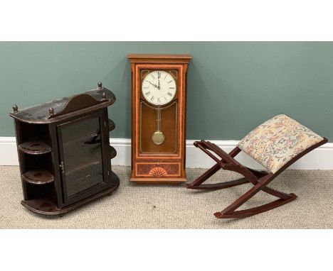 REPRODUCTION WALL CLOCK, WALL DISPLAY CABINET, ROCKING FOOTSTOOL, London Clock Company, circular white dial, Roman numerals, 