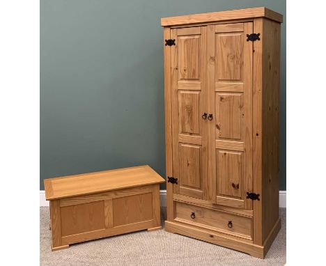 TWO ITEMS OF MODERN BEDROOM FURNITURE, Mexican type pine two door wardrobe, interior shelf and hanging space, lower drawer, b