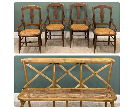 REPRODUCTION BENTWOOD SETTEE & FOUR VINTAGE OAK SIDE CHAIRS, X frame back, rounded end, canework seat, splayed supports, curv