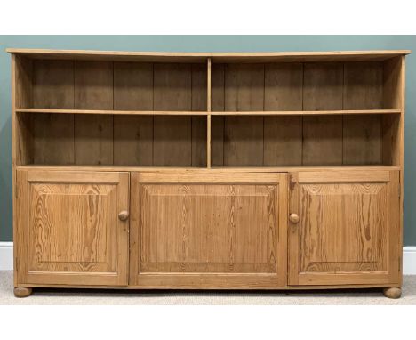 VINTAGE PITCH PINE SCHOOLHOUSE BOOKCASE-CUPBOARD, four divided upper shelves, central lower panel, two cupboard doors, turned