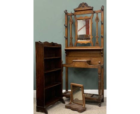 TWO ITEMS VINTAGE OAK FURNITURE & A SMALL MAHOGANY SWING TOILET DRESSING MIRROR, mirrored oak hall stand, shaped and carved u