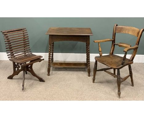 THREE ITEMS OF VINTAGE FURNITURE including unusual chair with slatted seat and a barley twist oblong top occasional table, 75